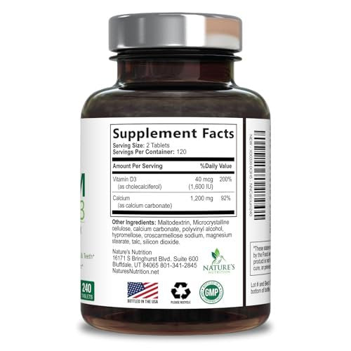 Calcium Supplement mit Vitamin D3 – 1200 mg Calcium pro Portion mit D3 für beste Aufnahme – Unterstützt Immunsystem, Knochen & Zähne – Nature's Calcium, in den USA abgefüllt für Frauen & Männer – 240 Tabletten