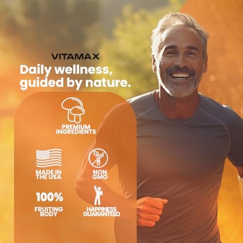 Vitamax Löwenmähne, Truthahnschwanz, Chaga & Reishi, Cordyceps Shiitake, Weiße Ulme, Königstrumpet, Nameko, Austernpilz, Steinpilz – Fokus & Energie – 60 Kapseln (1 Packung), Hergestellt in den USA