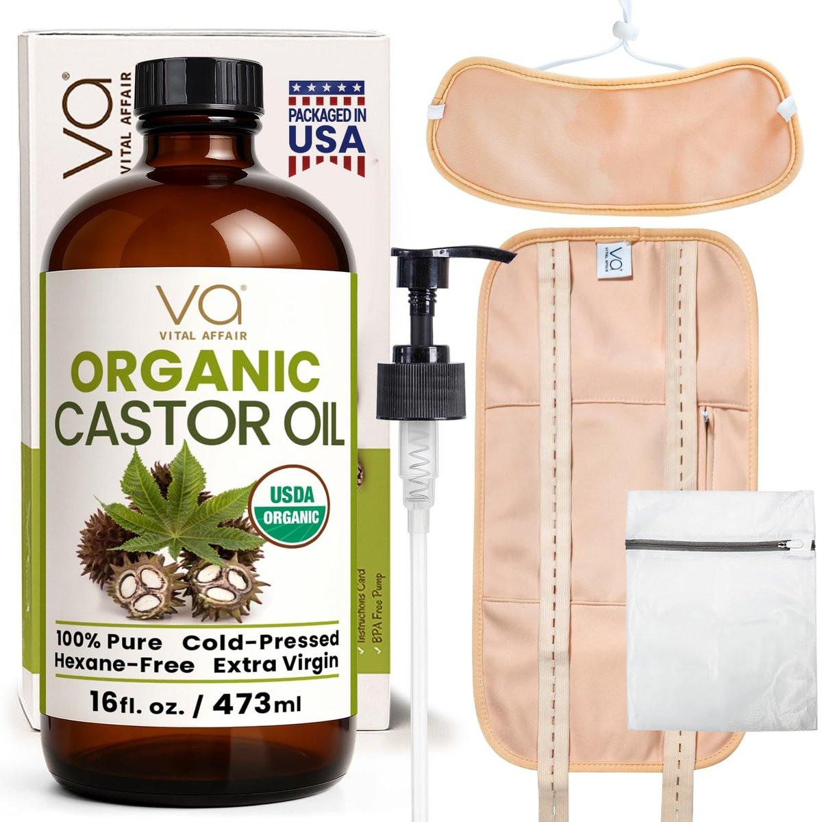 Castor Oil Pack Wrap Kit – USDA Bio, 450 ml kaltgepresstes, hexanfreies Rizinusöl in Glasflasche | Verstellbare Baumwoll-Flanell-Wraps für Taille und Nacken | Hergestellt in USA | Leber-, Bauch- und Entgiftungstherapie