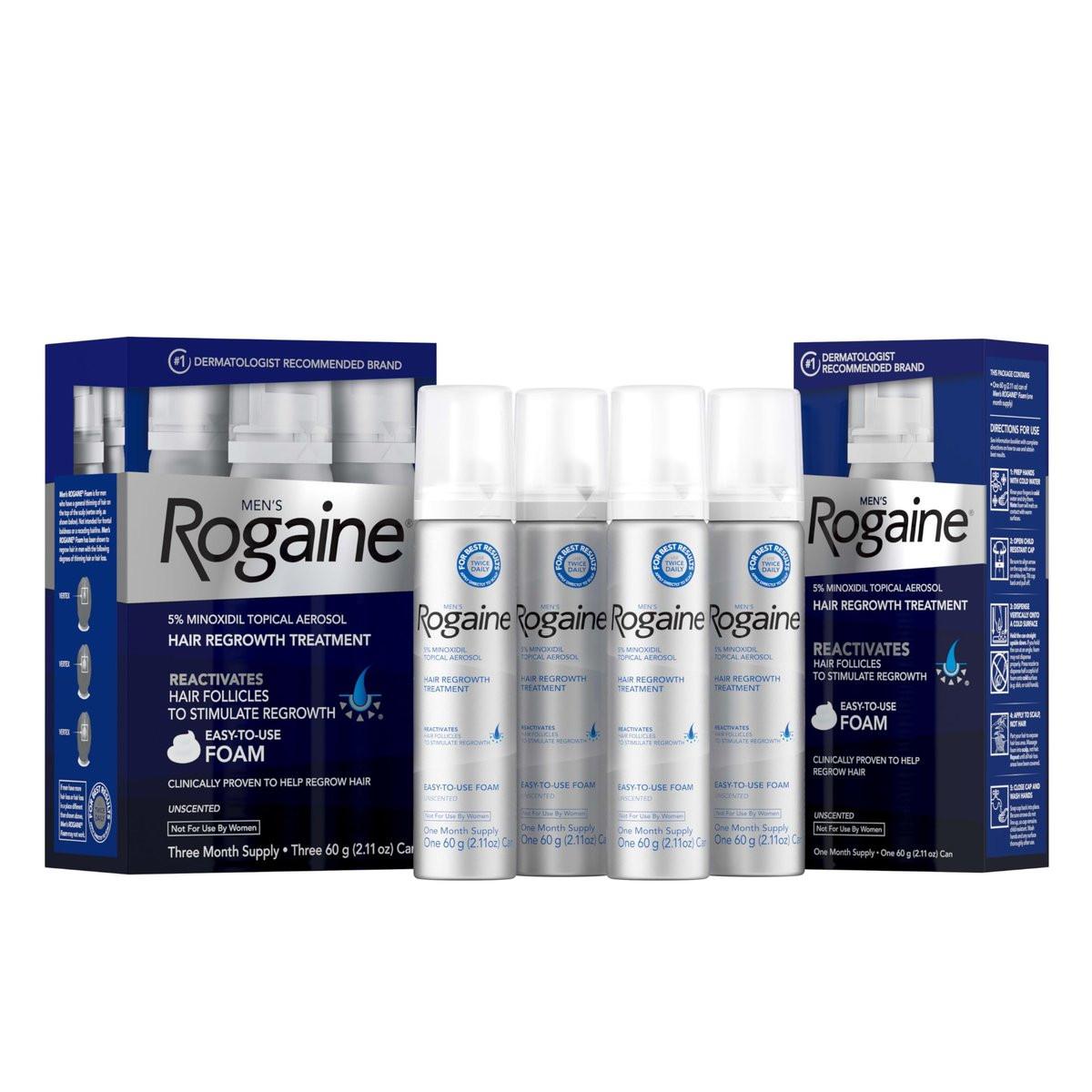 Rogaine Men's 5% Minoxidil Schaum – Haarwuchsbehandlung, FDA-zugelassen, extra stark, unparfümiert, 4-Monats-Vorrat (4 x 2,11 oz Dosen)