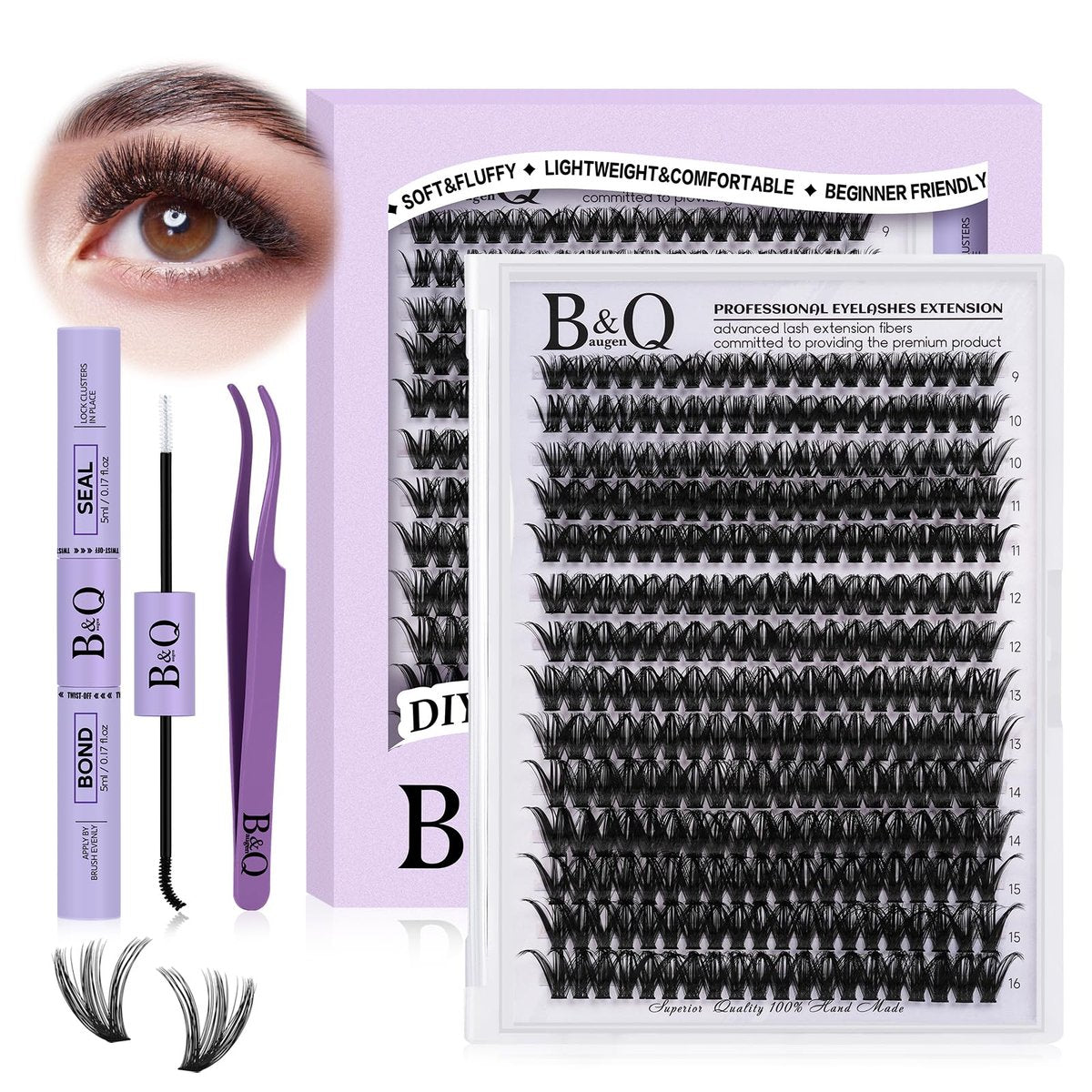 DIY Wimpernverlängerungsset 280 Stück Einzelwimpern Cluster D Curl Wimpernextension Set mit Kleber und Versiegeler und Applikator zur Selbstanwendung (Kit, 50D-D-9-16MIX) - görsel 14