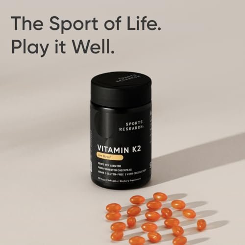 Sports Research Vitamin K2 als MK-7 45µg mit Kokos-MCT-Öl – Vegan, Nicht-GVO, Glutenfrei – 90 Softgels