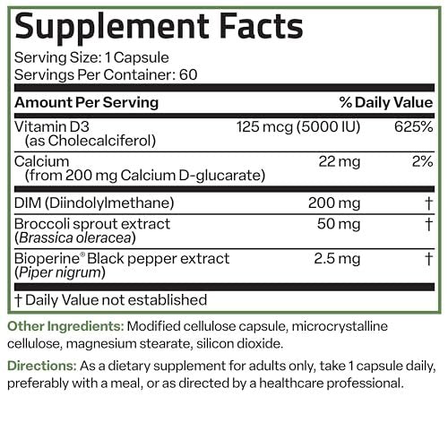 Bronson DIM Balance+ Calcium-D-Glucarat, Brokkolisprossen & Vitamin D3 – 200 mg DIM pro Kapsel für ausgewogenen Östrogenstoffwechsel & Hormonhaushalt, 60 vegane Kapseln