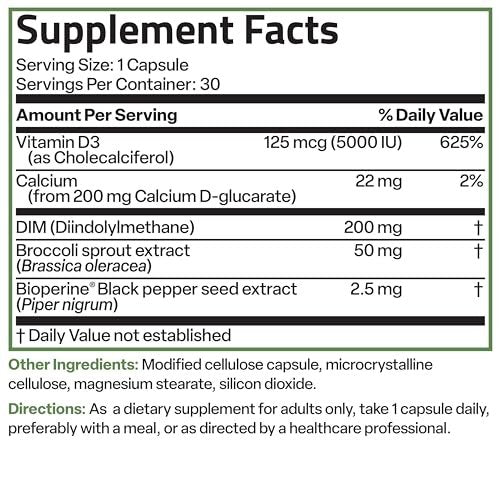 Bronson DIM Balance+ Calcium-D-Glucarat, Brokkolisprossen & Vitamin D3 – 200 mg DIM pro Kapsel, unterstützt den Östrogenstoffwechsel & ausgeglichene Hormonspiegel, Non-GMO, 30 vegane Kapseln