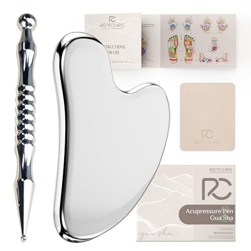 Rena Chris Akupunktur-Stift und Gua Sha Set – Manuelle Reflexzonenwerkzeuge zur Linderung von Muskelverspannungen und Schmerzen, Akupressurstift und Edelstahl-Gua Sha Set mit Reflexzonenkarte, einfach zu verwenden