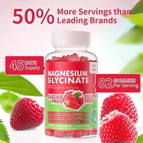 Novomins 90 CT Magnesium Glycinate Gummies 1000mg - Zuckerfreies Magnesium-Kalium-Präparat mit Vitamin D, B6, CoQ10 für Ruhe & Schlaf - 90 Himbeer-Gummis