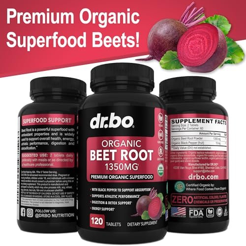 Bio Rote Bete Kapseln 1350mg - Rote Bete Pulver Extrakt, Nitric Oxide Booster für Durchblutung & Vitalität - 120 Tabletten