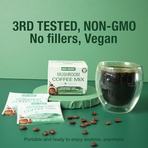 ECO-TASTE Mushroom Coffee Mix für die Darmgesundheit mit Chaga, Löwenmähne, Truthahnschwanz, Yacon und Probiotika – 12 Beutel