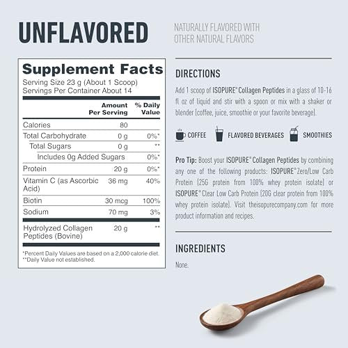 Isopure 20g Grass-Fed Collagen Peptide mit Biotin + Vitamin C – Unterstützt Haut, Haare, Nägel & Gelenke – Ungesüßt, Keto-freundliches Kollagenpulver, 14 Portionen