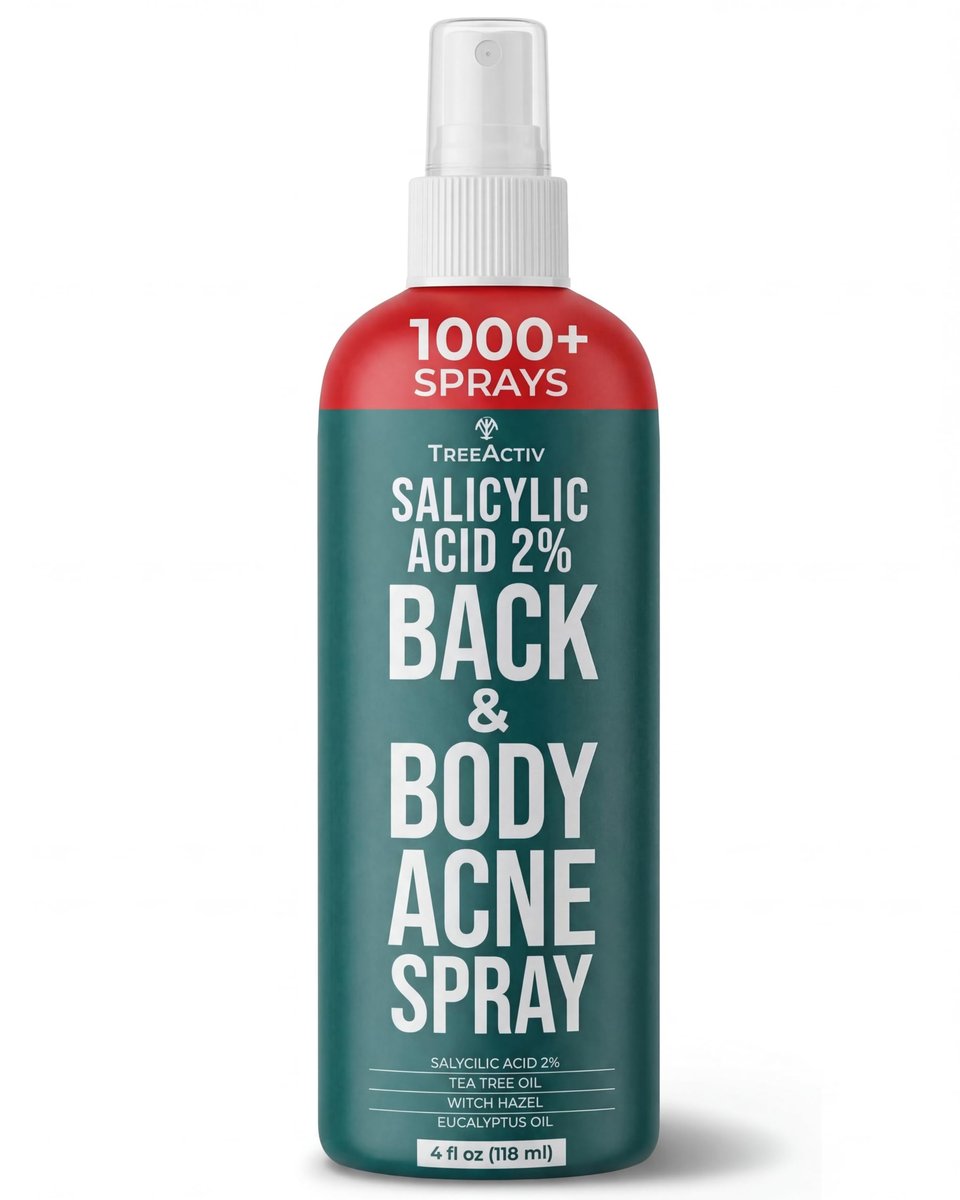 Back Acne Spray mit 2% Salicylsäure (BHA) – Schnell trocknender Körperspray gegen Pickel an Rücken, Brust, Schultern und Po mit Teebaumöl und Aloe Vera, 150 ml