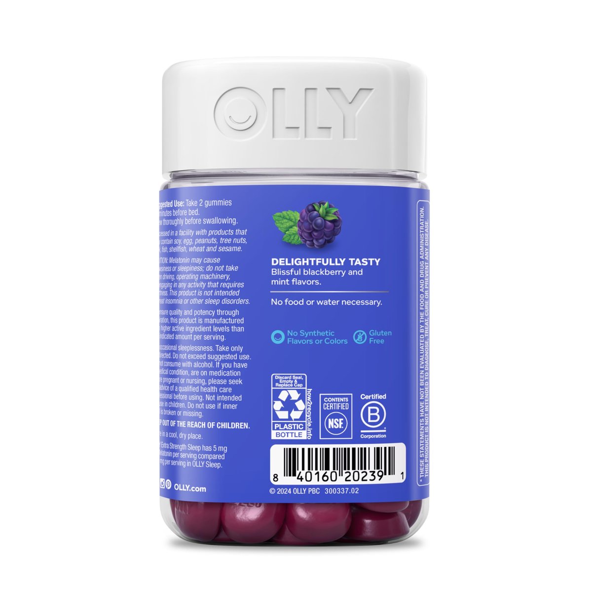 OLLY Extra Stark Schlaf Gummis 5 mg Melatonin, L-Theanin, Kamille, Zitronenmelisse Extrakt, Schlafhilfe, Brombeergeschmack - 90 Stück