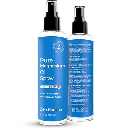 Zen Routine Reines Magnesiumöl-Spray – Hochdosiertes Zechstein USP Magnesiumchlorid für Beinkrämpfe, Schlaf, Körper & Füße – Extra stark, weniger Brennen – 100% organisch & natürlich – 8 oz – Hergestellt in den USA