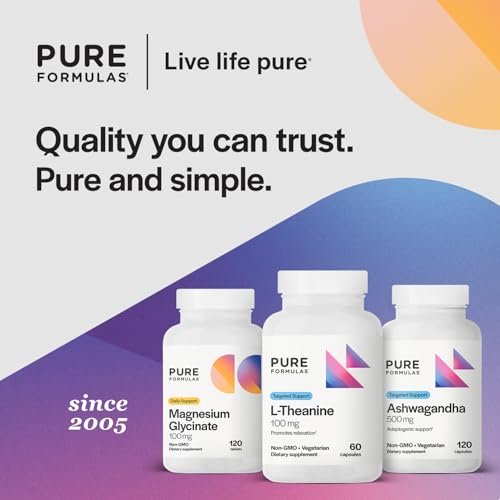 PureFormulas L-Theanin 100 mg – Unterstützt Stresslevel, entspannten Zustand, Stimmung, Schlaf – Milchfrei, Sojafrei, Nicht-GVO – 60 vegane Kapseln