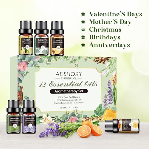 Ätherische Öle Set - 12 Stück Bio Aromatherapie Öl Kit für Diffuser, Luftbefeuchter, Massage, Seife, Kerzenherstellung (5 mL)