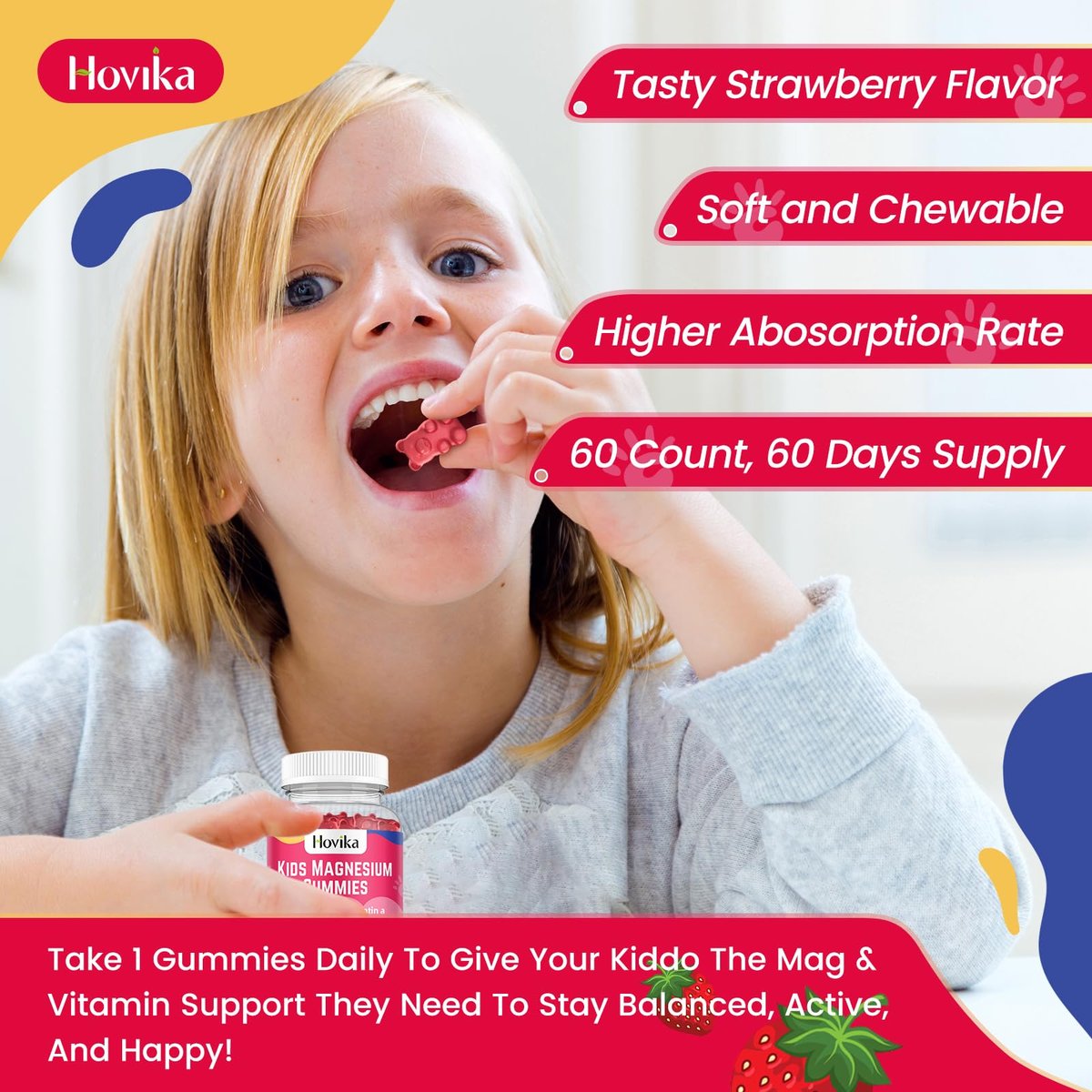 Hovika Magnesium Gummis für Kinder – Magnesiumcitrat + Vitamin B6 & D3 – Leckerer Erdbeergeschmack – Vegane Magnesium Gummis für Nerven-, Knochen- und Muskelgesundheit – 60 Stück