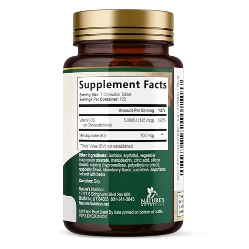 Vitamin D3 K2 Kombination | 5000 IE D3 + K2 100 mcg | MK-7 K2 mit Vitamin D | Unterstützt Immunsystem, Herz, Zähne & Knochengesundheit – Nature's Leicht zu kauen, Vitamin D3 K2, Nicht-GVO, Leckerer Beerengeschmack – 120 Tabletten