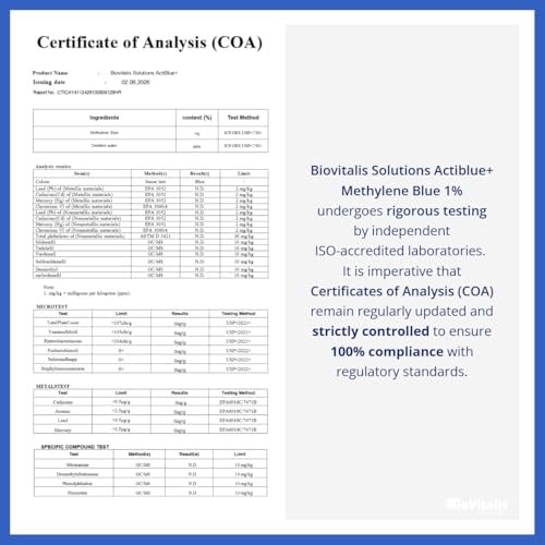 Biovitalis Solutions Actiblue+ Methylenblau 1% – ISO-zertifiziert, laborgeprüft, 99,9% Reinheit, ohne Formaldehyd, Alkohol, Gluten & GMO (2 Fl. Oz.)