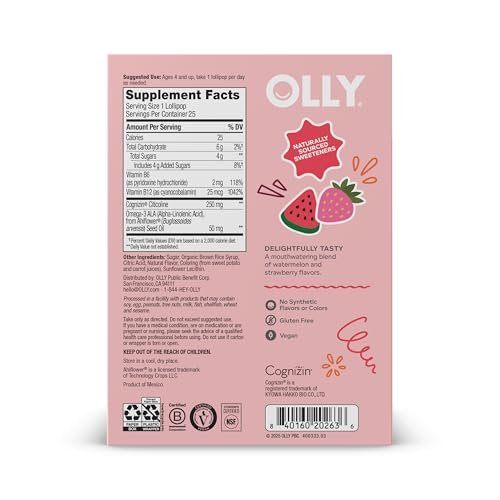 OLLY Focus Buddies L’OLLY Pops für Kinder ab 4 Jahren – Cognizin, Vitamine B6 und B12, Omega-3 ALA – Unterstützt fokussierte Aufmerksamkeit und gesunde Gehirnfunktion – Wassermelone-Erdbeer-Geschmack – 25 Stück