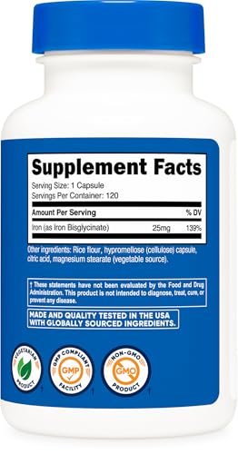 Nutricost Eisen Bisglycinat Supplement (25 mg) 120 Kapseln – Aus Eisenbisglycinat-Chelat – Non-GMO & Glutenfrei