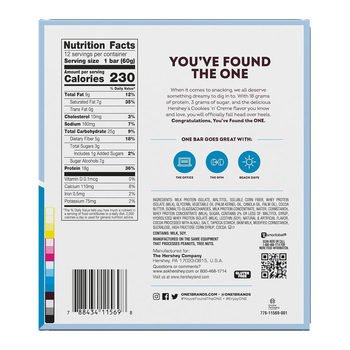 ONE Protein Bars, Hershey's Cookies 'n' Creme, Glutenfrei, 18g Protein, 3g Zucker, 2,12 oz (12er Pack)