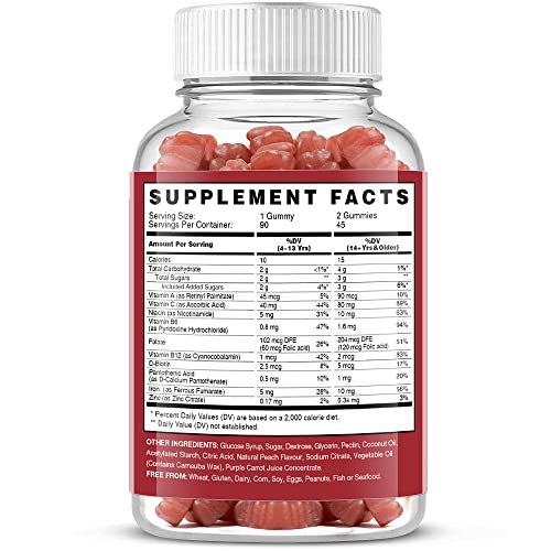 Vegane Eisen Gummis Supplement - mit Vitamin C, A, B-Komplex, Folsäure, Zink für Erwachsene & Kinder - gesundes Blut & Energie für Eisenmangel, Anämie, kein Nachgeschmack - Pfirsichgeschmack (90 Stück)