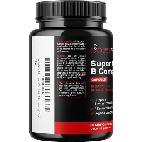 Methyliertes B-Komplex Vitaminpräparat - Bioaktiver Methyl B-Komplex mit 5-MTHF Methylfolat & B12 Methylcobalamin für Gehirn-, Herz-, Energie- und Homocystein-Unterstützung - Super Vitamin B Komplex - 60 Kapseln
