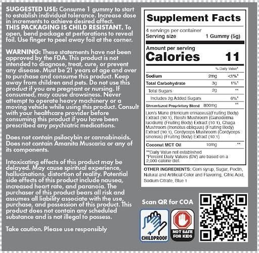 Shrumfuzed Proprietäre Nootropika-Gummibärchen 3200 mg – Löwenmähne, Reishi, Chaga und Cordyceps Pilzmischung (4 Stück, Wassermelone)