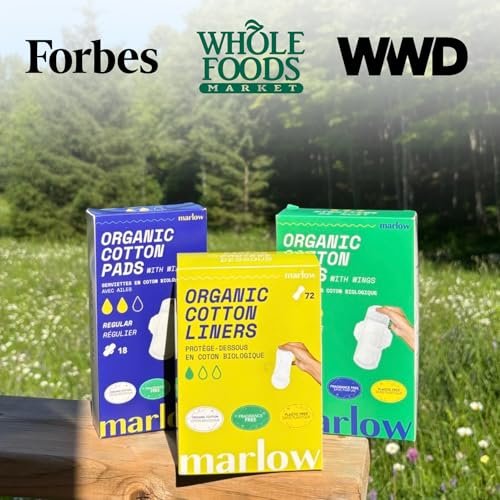 Marlow 100% Bio-Baumwoll-Pads – Plastikfrei, ohne Duftstoffe, Farbstoffe & Chlorbleiche, ultraweich, auslaufsicher, saugstark mit extra klebrigen Flügeln, Normal (Tag), Weiß