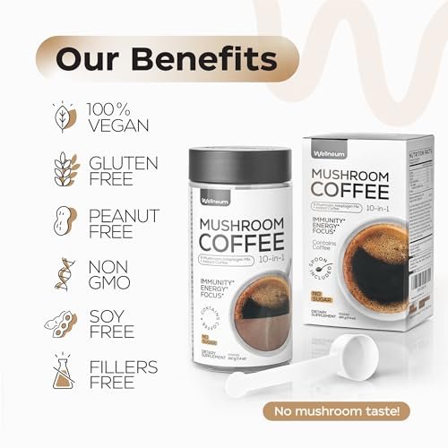 Wellneum Mushroom Coffee - French Roast Style Instant Kaffee mit Löwenmähne 900mg für Fokus + Reishi, Chaga & Turkey Tail - 10-in-1 Pilze Fruchtkörper Adaptogen Mischung, Zuckerfrei, 35 Portionen