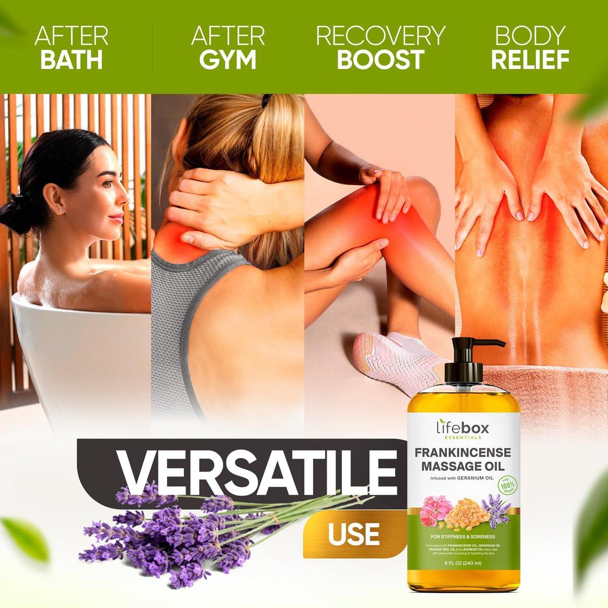 Weihrauch Massageöl – 100% rein & natürlich – Massagetherapieöl gegen Muskelkater & Verspannungen – Körperöl für Dehnungsstreifen & Narben, angereichert mit Weihrauch- und Geranienöl – 240 ml