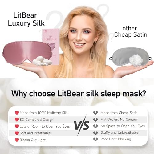 LitBear 100% 22 Momme Maulbeerseide Schlafmaske - 3D Konturierte Augenmaske für Männer und Frauen, weiche atmungsaktive Schlafmaske mit verstellbarem Band, perfekte Lichtblockade für erholsamen Schlaf (Bean Pink)
