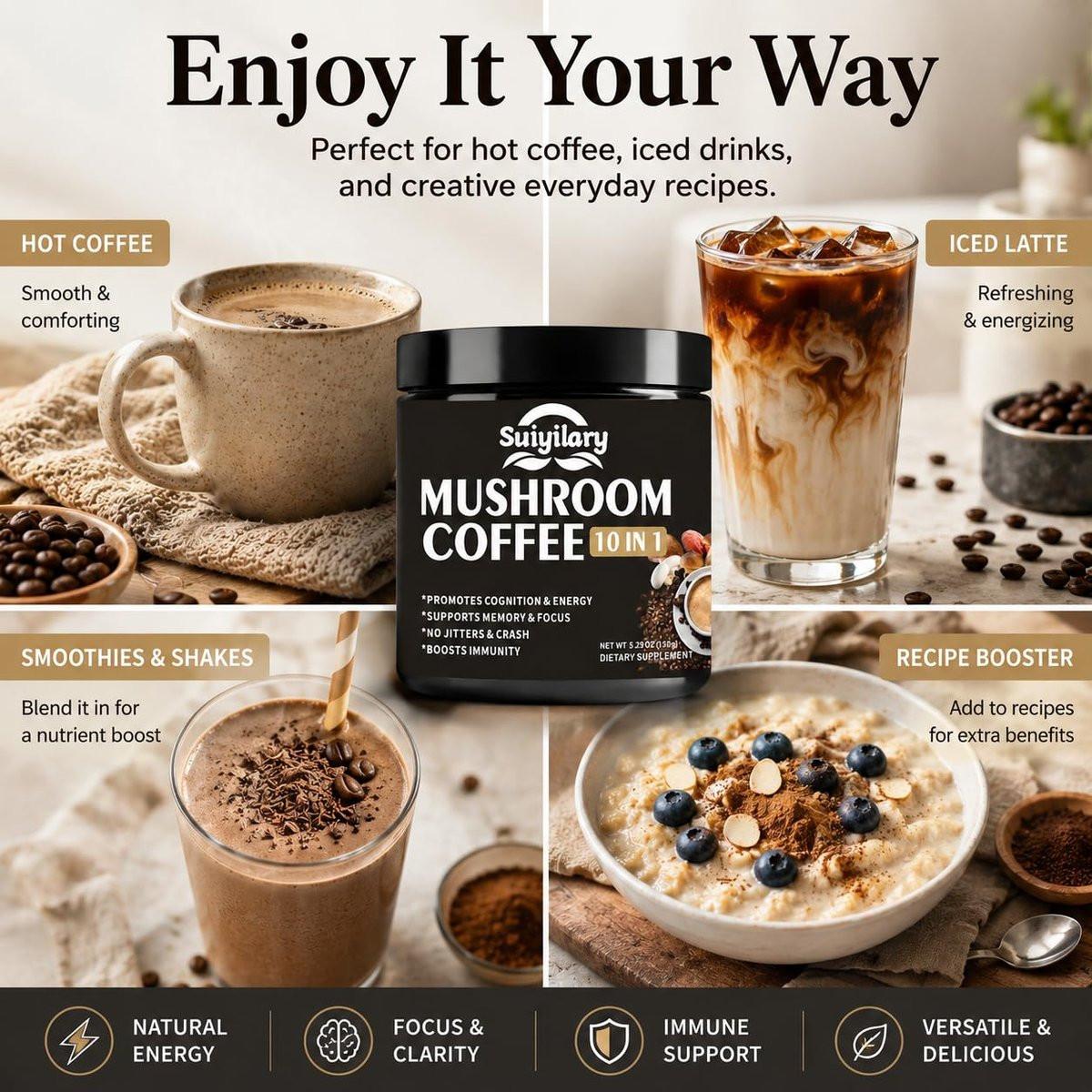 Suiyilary Pilz Kaffee, 10 Pilzextrakt-Pulver-Mischung mit Löwenmähne, Reishi, Chaga, Cordyceps, Truthahnschwanz – Hirnnahrung mit Instantkaffee für Energie, Fokus, Gedächtnis und Immunität, 150 g