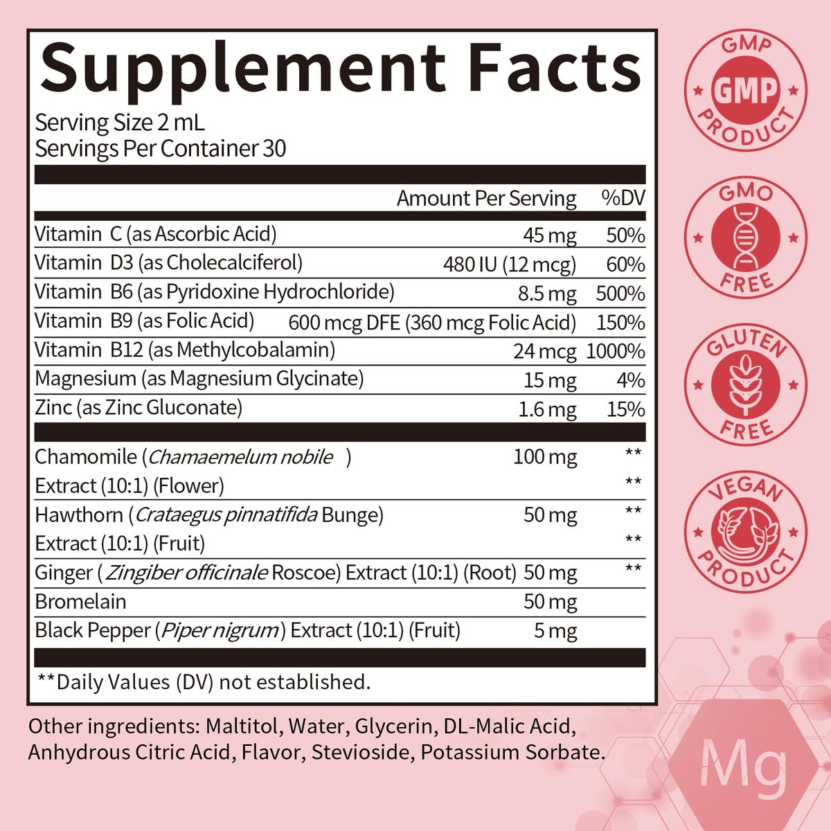 Magnesium Glycinat Flüssig Tropfen mit Kamille, Weißdorn & Ingwer – Stressabbau & Verdauungskomfort, Schnelle Absorption, Nicht-GMO, Vegan, Zuckerfrei, Erdbeergeschmack, 60 ml