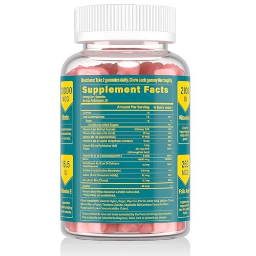 Lazpowfi Biotin Gummies – Haar, Haut und Nägel Vitamine für Männer & Frauen, veganes Vitamin B7, unterstützt Haarwachstum und stärkere Nägel, 30-Tage-Vorrat – Himbeer – 60 Stück