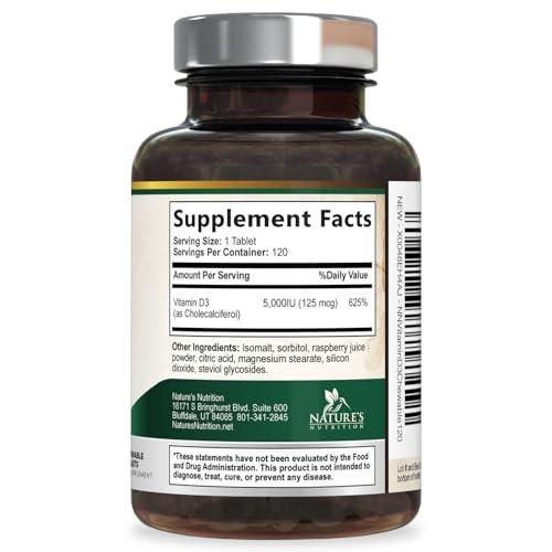 Vitamin D3 5000 IE (125 µg) pro Portion – Extra starke Vitamin-D-Kautabletten zur Unterstützung des Immunsystems – Knochen-, Zahn- und Muskelfunktion – Zuckerfrei, glutenfrei, in den USA abgefüllt – 120 Tabletten