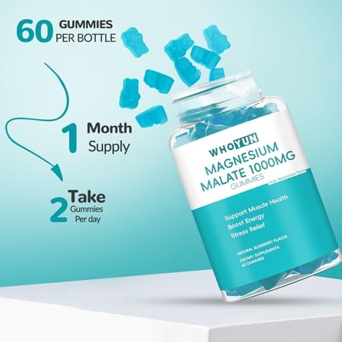 Whoyun Magnesium Malate Gummies 1000mg – Hochdosierte Magnesium-Chewables mit Apfelsäure für Energie & Muskelgesundheit, 60 Stück