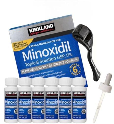 (6er-Pack) Kirkland Minoxidil für Männer Haarwuchs Behandlung, Flüssige Extra Stärke 5% Topische Lösung, 6 Monate Vorrat - Inklusive Tropfer und Microneedle Roller - Minoxidil Kirkland