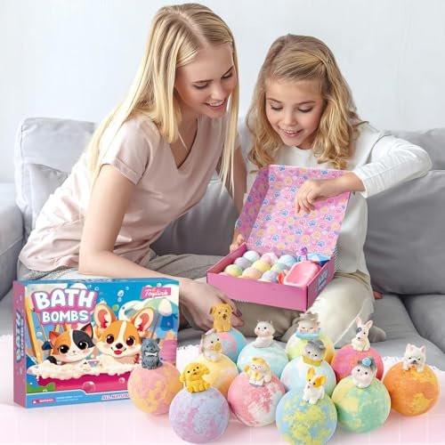 Toylink Badebomben für Kinder mit Überraschung im Inneren – 12er-Pack mit Hunde- & Katzenspielzeug, Badespaß für Mädchen und Jungen