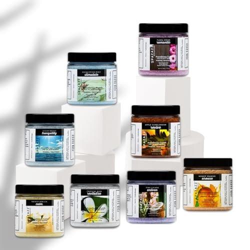 Spazazz Hot Tub Aromatherapie Badesalz 8er-Pack Botanicals Bundle (4 Unzen) - Apfel Sandelholz, French Vanille, Flora Wood, Ocean Breeze, Piña Colada, Honig Mango, Tropischer Regen, Eukalyptus mit Kalt-Warm-Tuch
