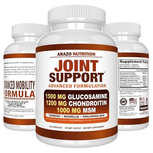 Arazo Nutrition Glucosamin Chondroitin Kurkuma MSM Boswellia – Gelenkunterstützung für Knochen, Rücken, Knie, Hände (120 Kapseln)