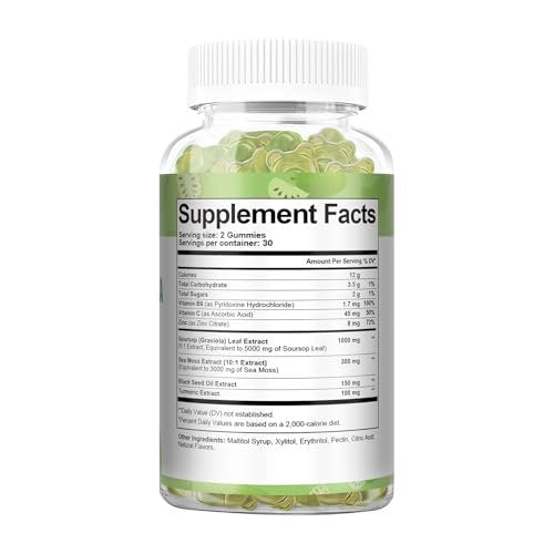 Totaria Zuckerfreie Soursop-Öl Graviola Sea Moss Gummies - Unterstützt Verdauung, Schlaf, Hautgesundheit, Immunität & Antioxidantien - Guanabana-Frucht mit Sea Moss, 150 mg Schwarzkümmelöl, Bio, Nicht-GVO, Vegan