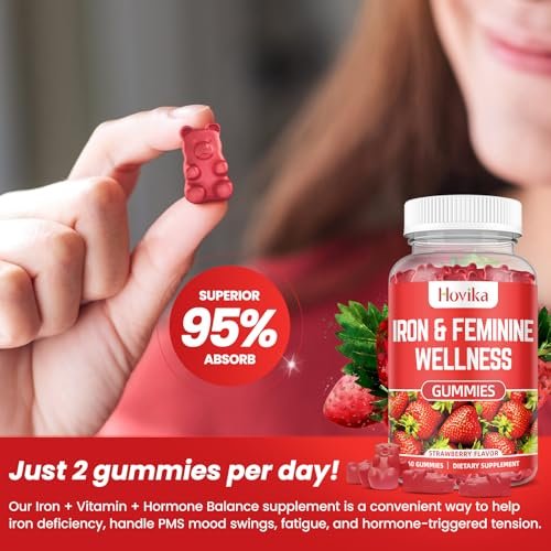 Eisen für Frauen Gummies, 40mg Eisenpräparat gegen Anämie mit Multivitamin für Frauen, Zink, Selen, Jod – gegen Eisenmangel – natürliche hormonelle Unterstützung bei PMS, Erdbeergeschmack, 60 Stück