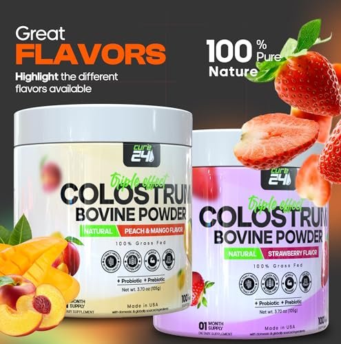 Cure24 Bovine Colostrum X3 Pulver für Menschen – 100% reines, natürliches, grasgefüttertes Superfood, hoher IgG-Gehalt, plus Probiotika & Präbiotika, unaromatisiert, hergestellt in den USA