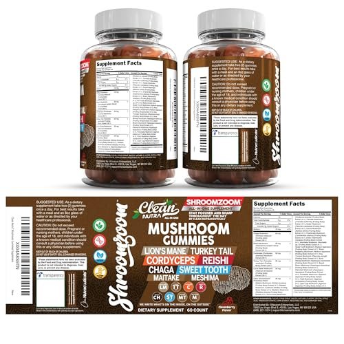 15-in-1 Pilz-Gummis mit Löwenmähne, Truthahnschwanz, Cordyceps, Reishi, Chaga, Sweet Tooth, Maitake, Meshima, Poria Cocos, Shiitake, Tremella, Austernpilz, Agaricus – für Männer und Frauen – Clean Nutra