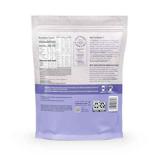 SlimFast High Protein Smoothie Mix Plus Fruchtpulver, Mahlzeitenersatz-Pulver mit Ballaststoffen und Vitamin C, 21 Portionen, 1,29 Pfund, Erdbeer-Banane (Verpackung kann variieren)