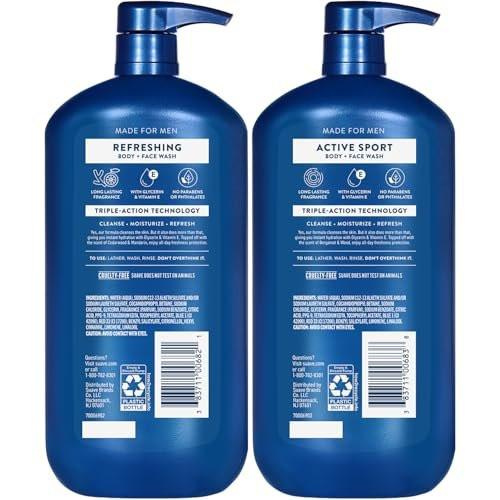 Suave Men Body + Face Wash Bundle – Energizing Sport (Bergamot & Wood) 2er-Pack + Erfrischend (Zeder & Mandarine), 30 Oz pro Flasche