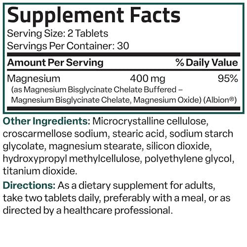 Bronson Magnesiumglycinat 400 mg Extra Stark, Vegetarisch, Chelatisiert für Absorption, Sanft zum Magen, Nicht-GVO, 60 Tabletten