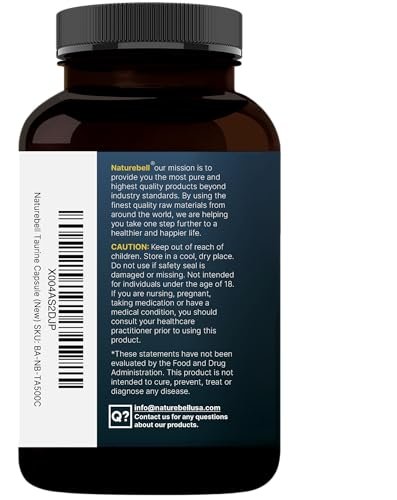 NatureBell Taurin 1.000 mg pro Portion, 500 Kapseln | Essentielle Aminosäure – Doppelte Stärke – Antioxidans für Herz, Muskeln, Gehirn & Leber – Nicht-GVO, Glutenfrei