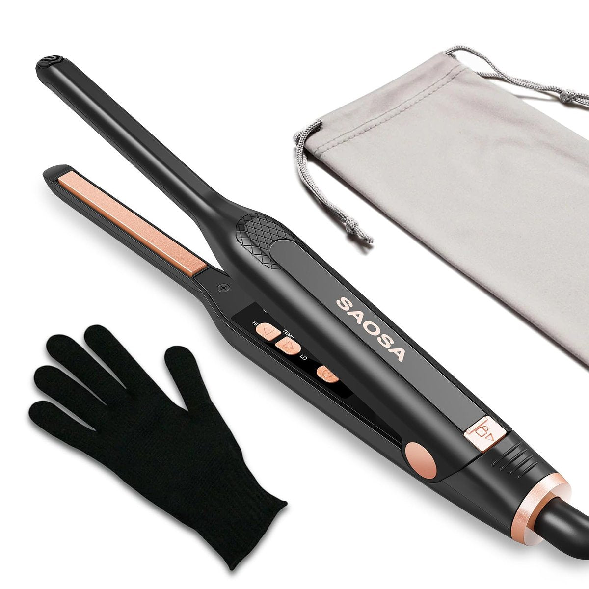 SAOSA Mini Glätteisen für kurzes Haar – 0,76 cm Pencil Flat Iron mit 9 Temperatureinstellungen (190°F-430°F), Dual Voltage, inklusive Aufbewahrungstasche und Hitzeschutzhandschuh – Ideal für Pixie Cut, Pony, Kanten und Locken – Roségold