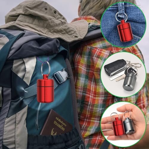 Ear Plug Carrying Case Keychain (2er-Pack) – Kleine wasserdichte Metalldose für Ohrstöpsel, Pillen und Schmuck (Grau Rot)